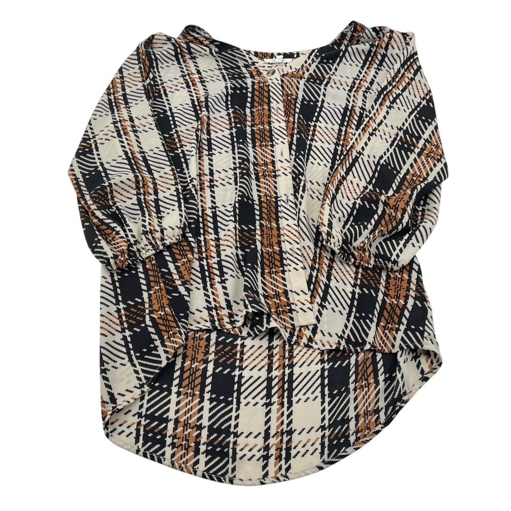 Maurices Women's size Large Blouse Pull Over Loose Brown Black Tan Plaid Career